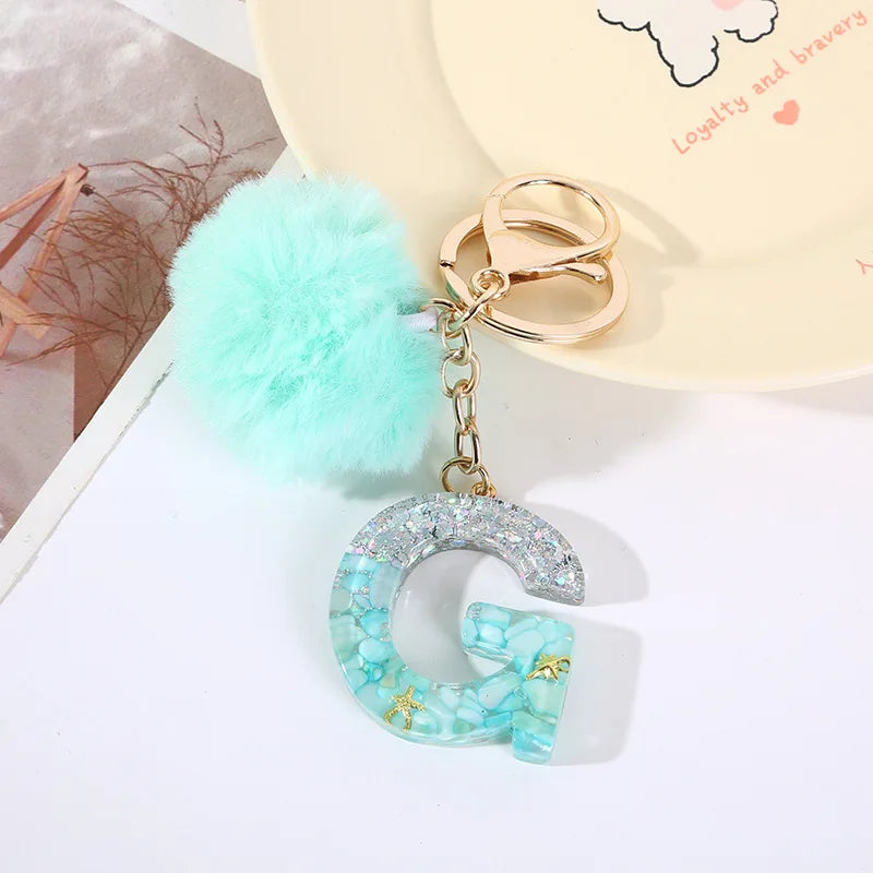 Aqua Flow 26 Initials Letter Key Pendant With Green Blue Fluffy Pompom
