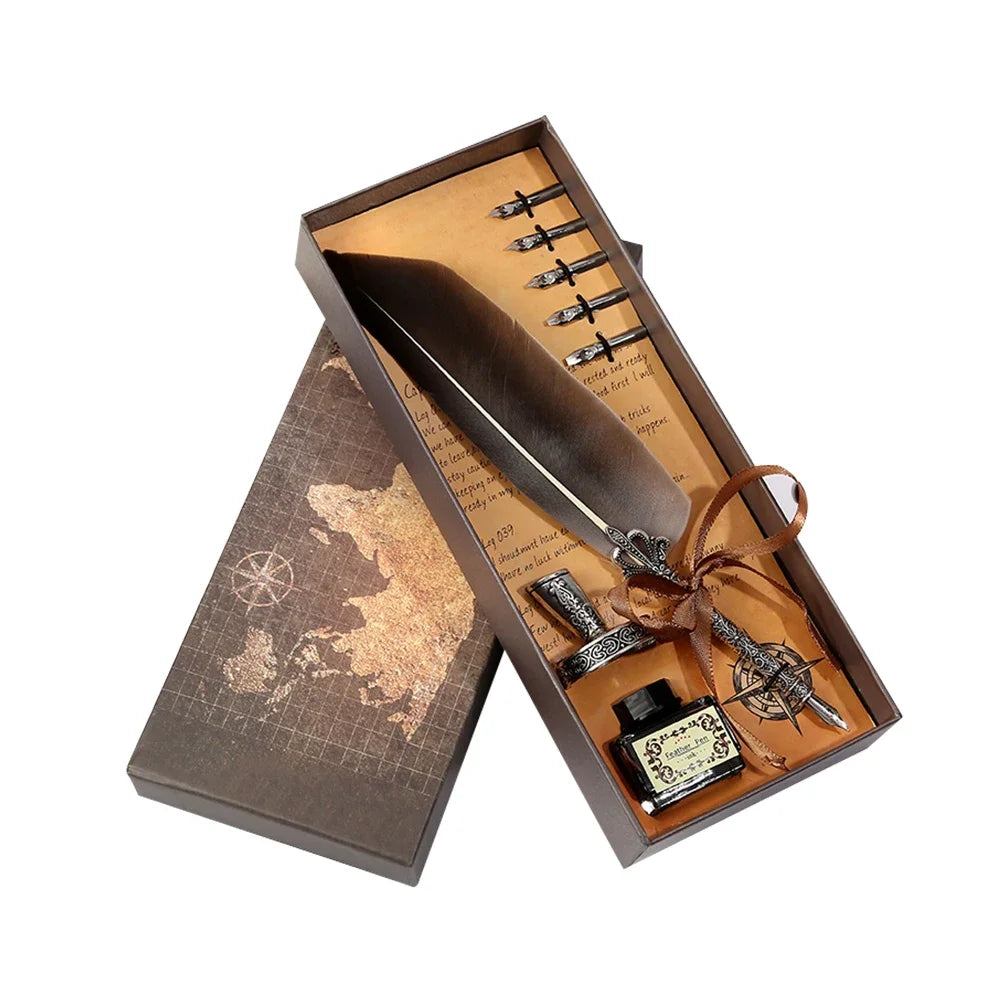 Exquisite Antique Feather Dip Writing Ink Treasure Set