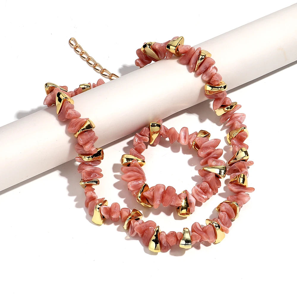 Gold Colorful Chip Stone Beads Necklace Bracelet Sets