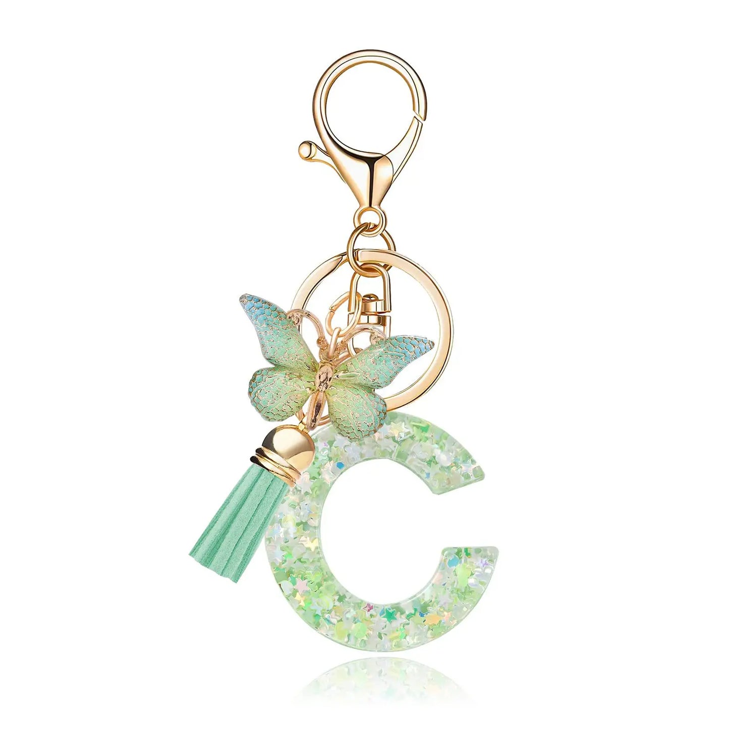 Spring Green Color Glitter Initial Letter Key Chain With Butterfly Tassel Pendant ﻿