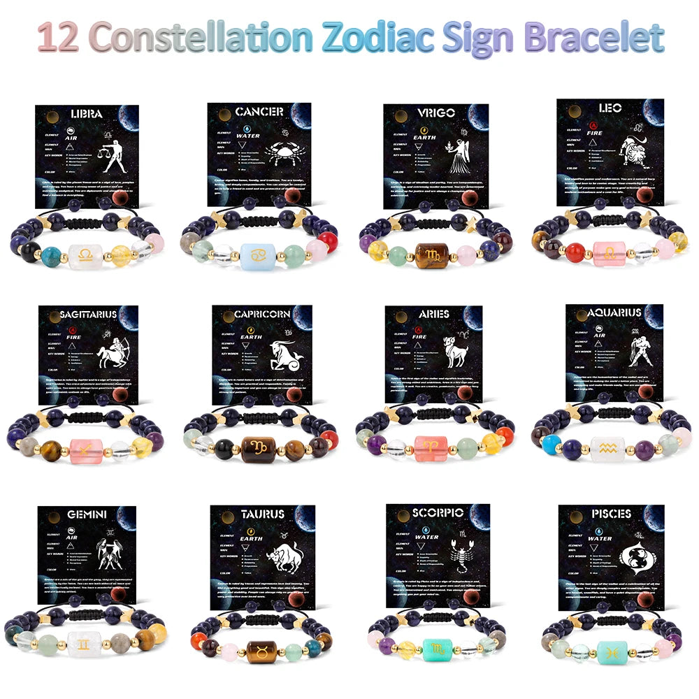 Personalized 12 Zodiac Natural Stone Crystal Beads Bracelet