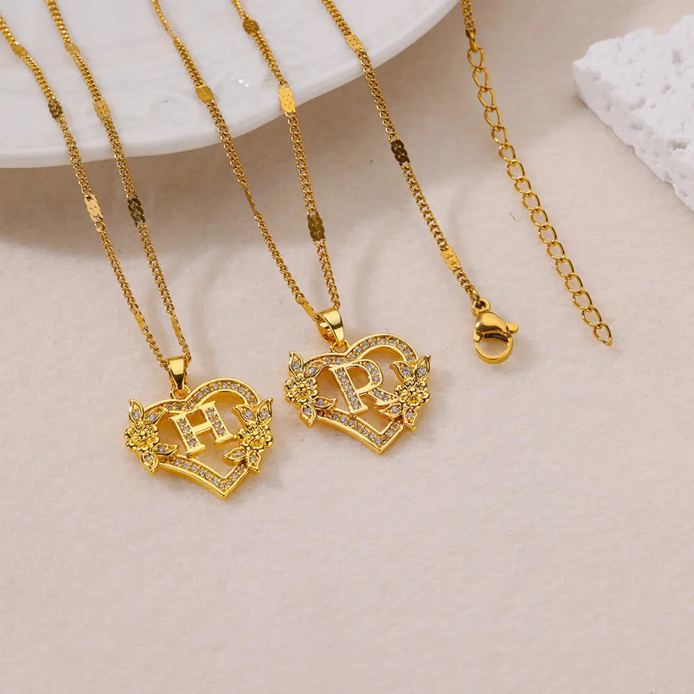 Beautiful Flower Heart Initials Necklaces