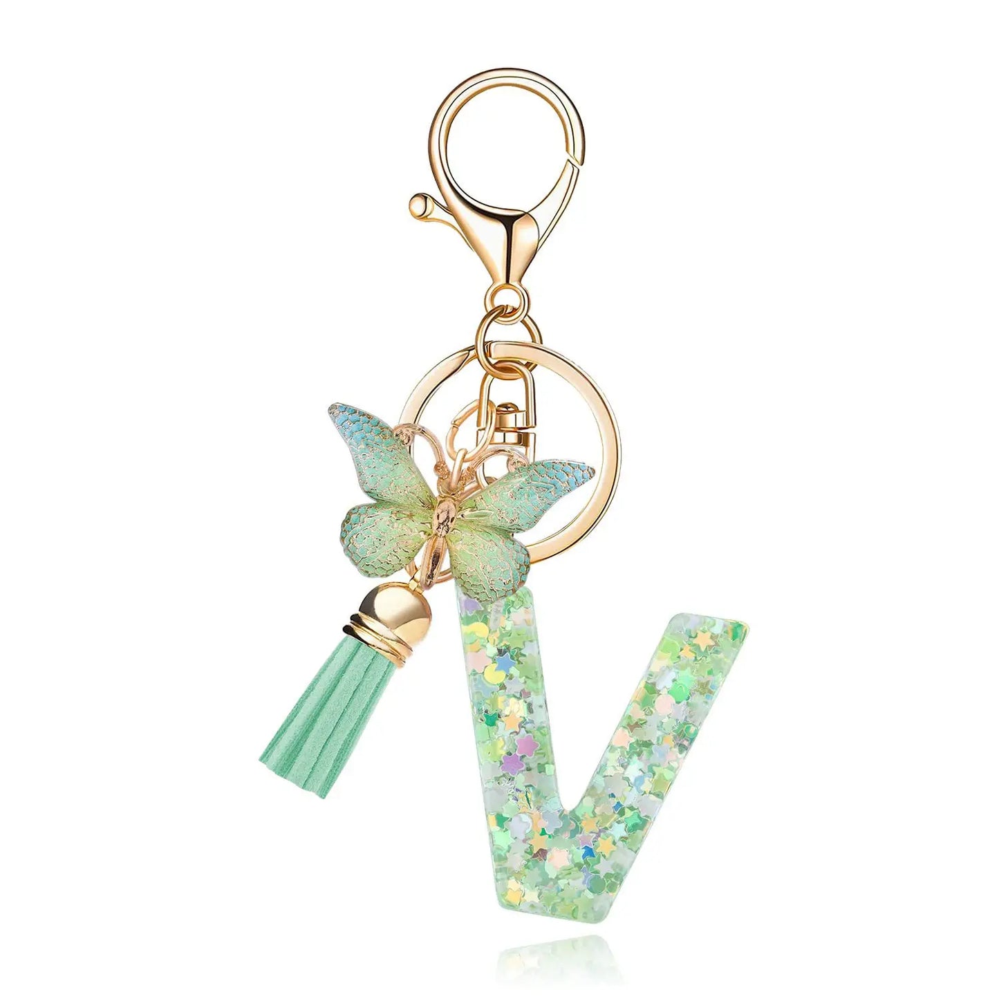 Spring Green Color Glitter Initial Letter Key Chain With Butterfly Tassel Pendant ﻿