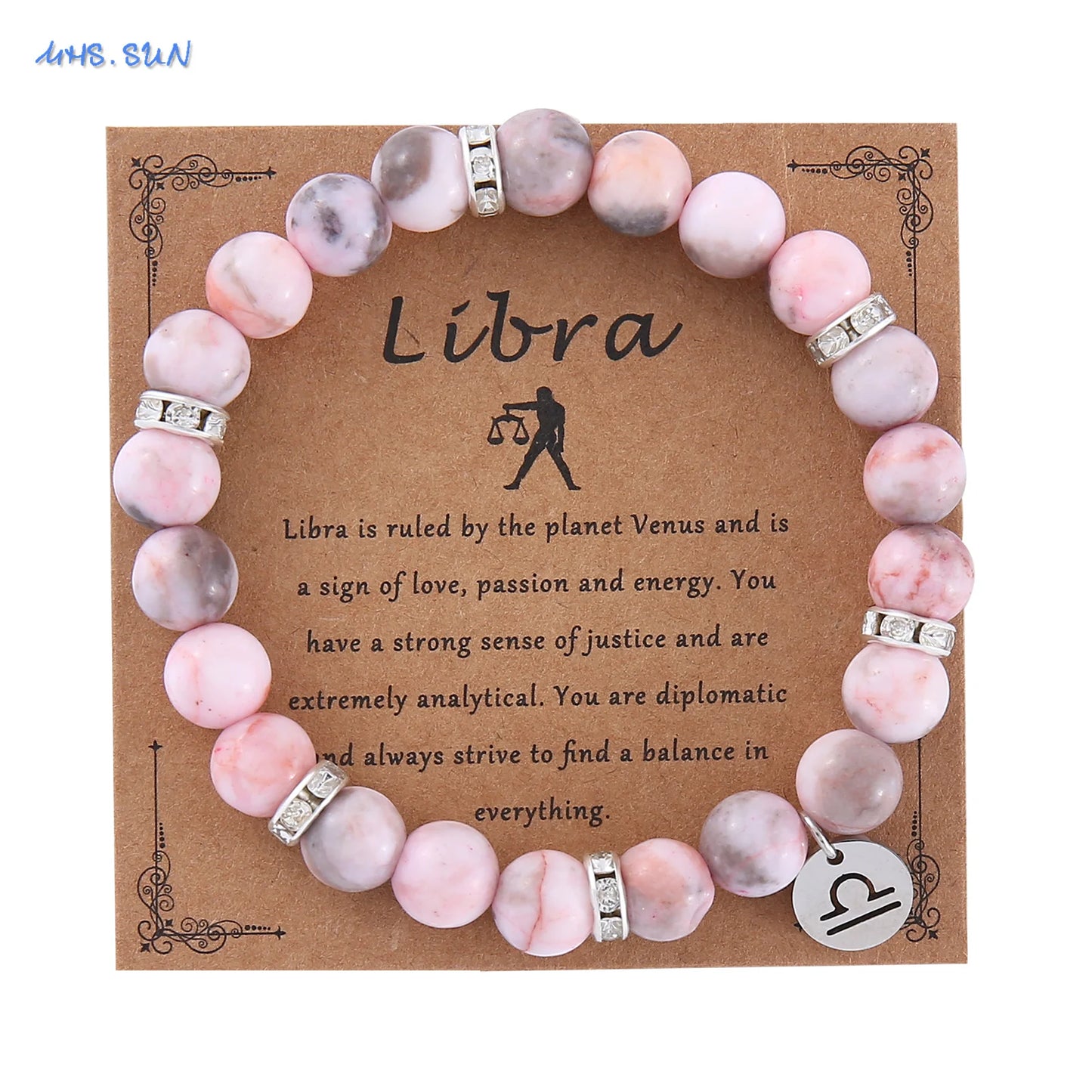Pink Zebra Stone 12 Star Constellation Sign Beaded Bracelets