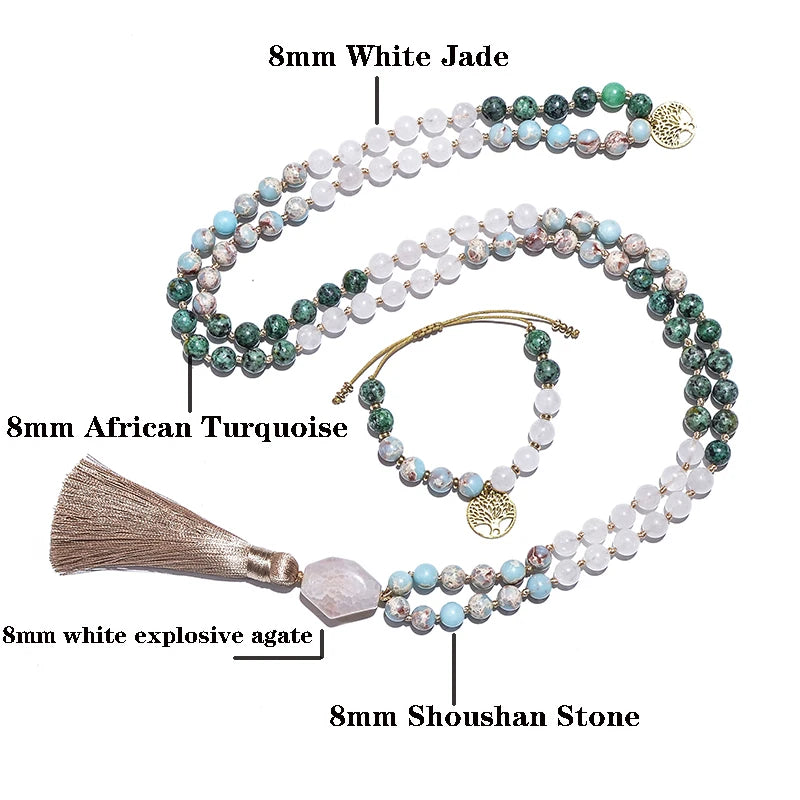 White Jade African Turquoise Emperor Jasper Knotted Set