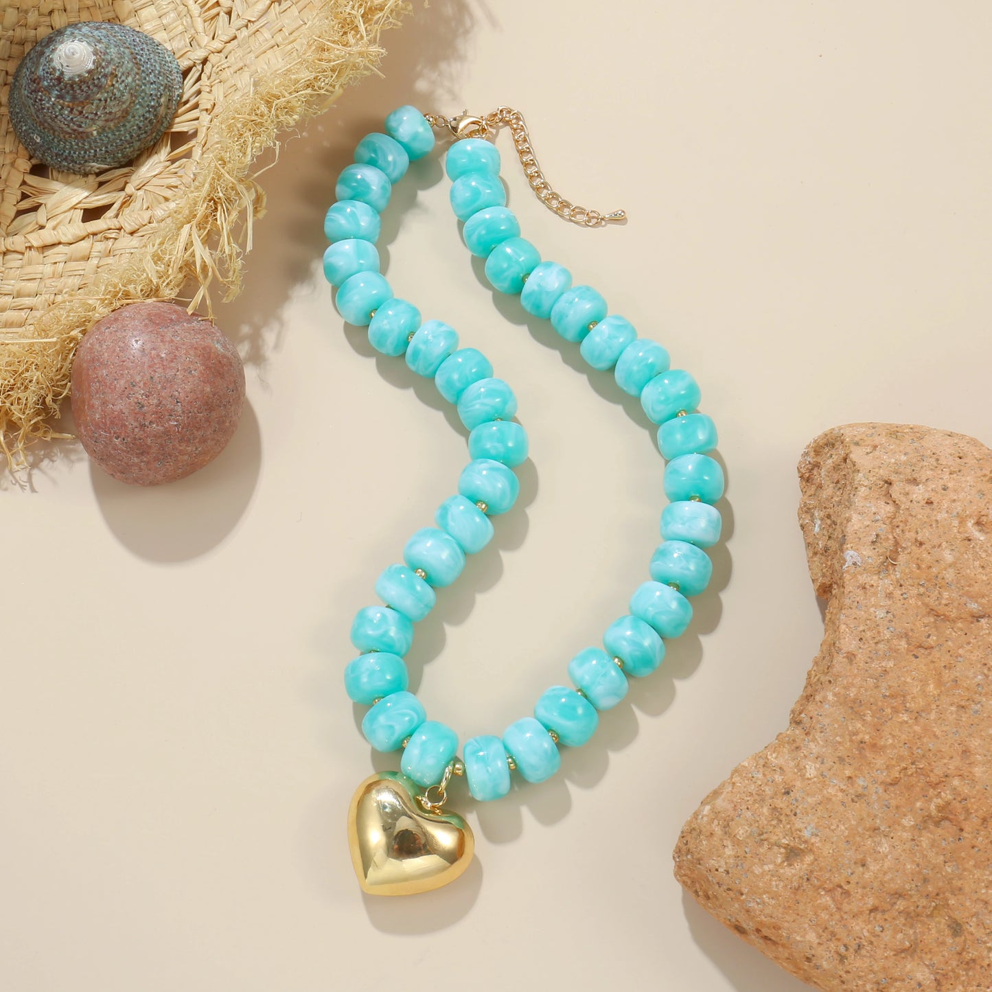 Colorful Crystal Beaded Choker Necklace 14K Gold Plated Heart Pendant