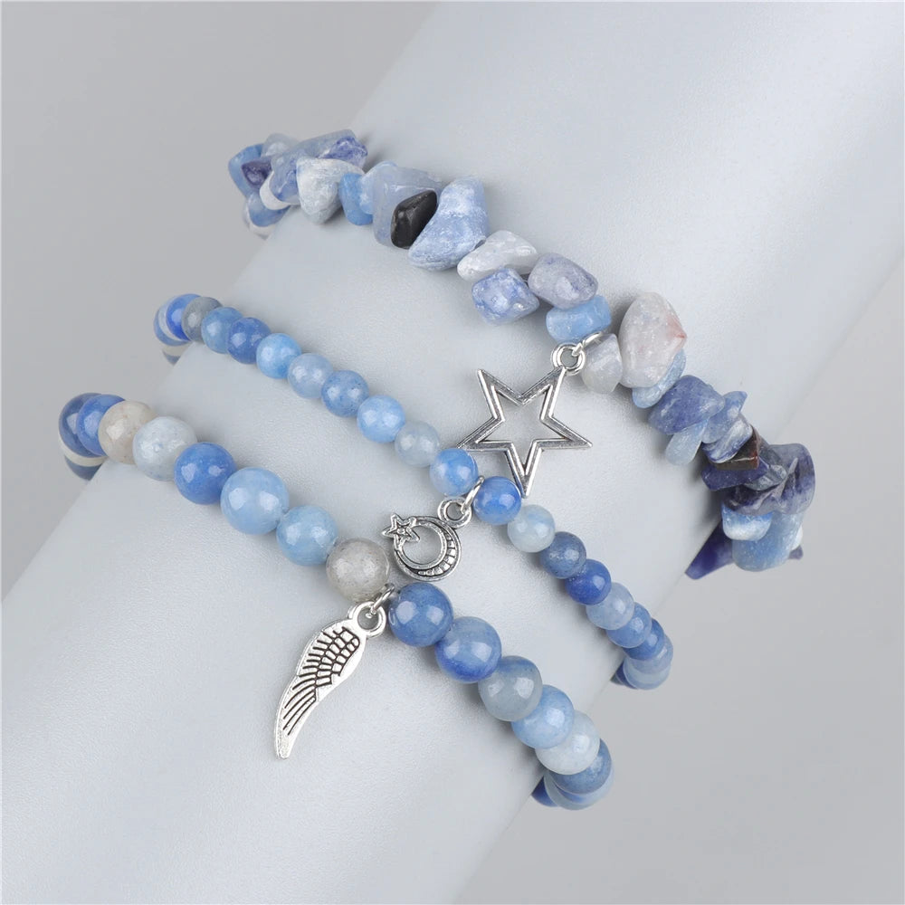 Natural Stone Healing Star Moon Feather Pendant Bracelets Sets