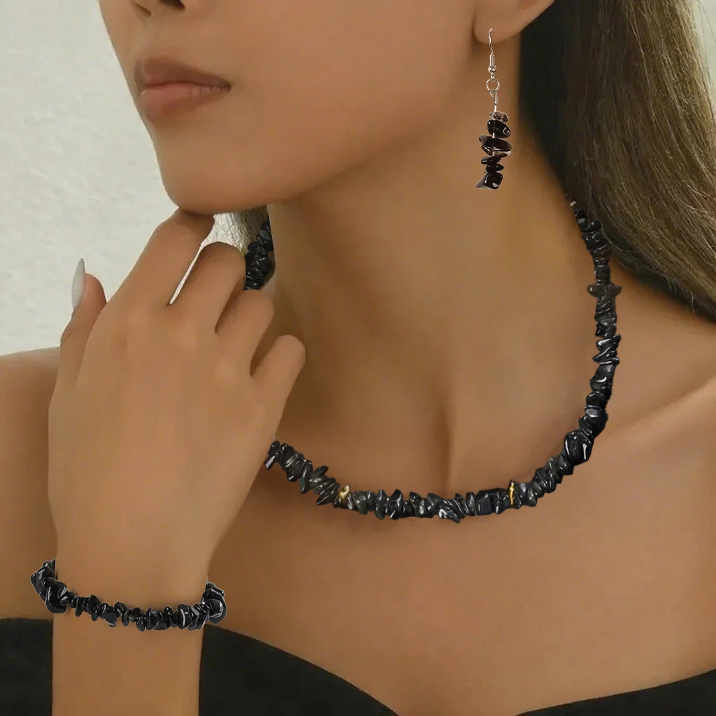 Gorgeous Natural Stone Crystal Bead Necklace Earrings Bracelet Jewelry Set