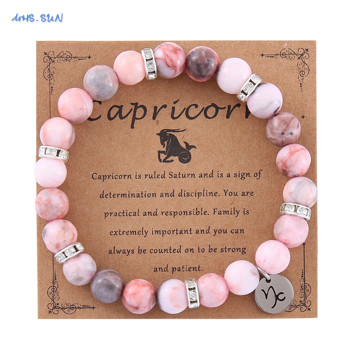 Pink Zebra Stone 12 Star Constellation Sign Beaded Bracelets