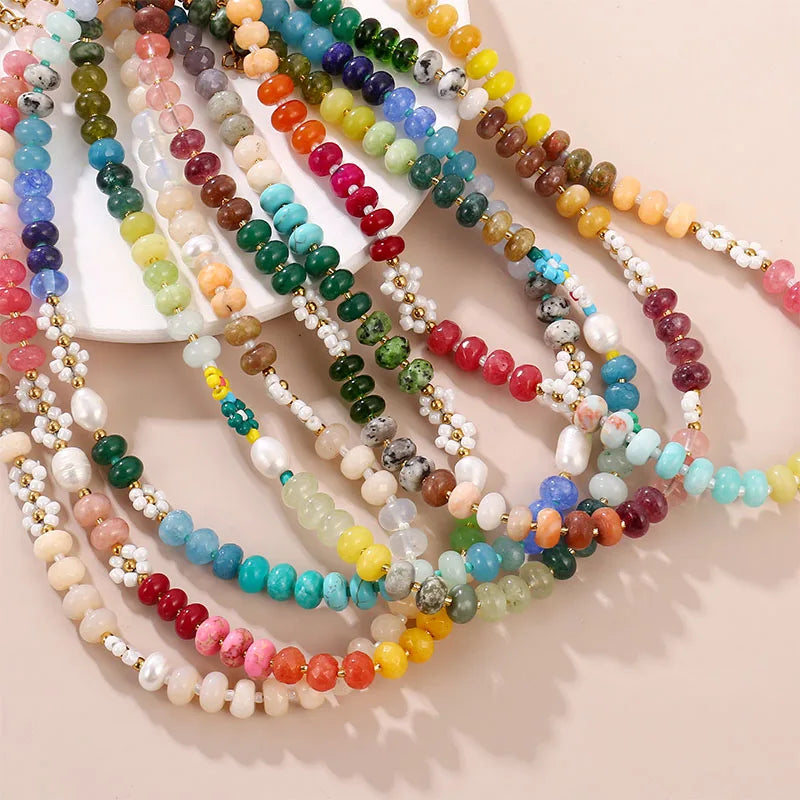 Floral Colorful Natural Stone Pearl Seed Beads Necklace