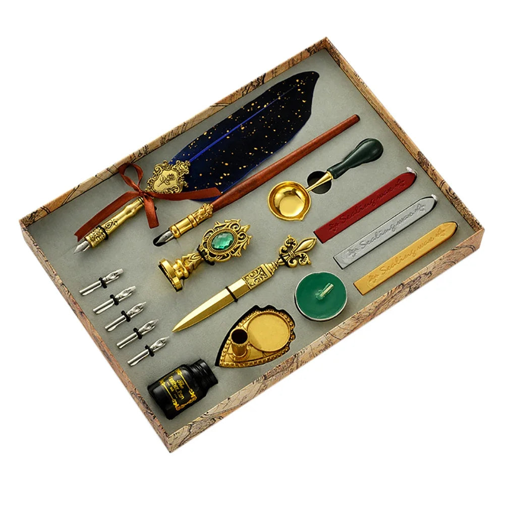 Exquisite Antique Feather Dip Writing Ink Treasure Set