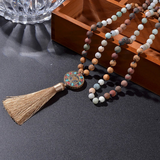 Natural Stone Six Character Pendant Knotted Necklace