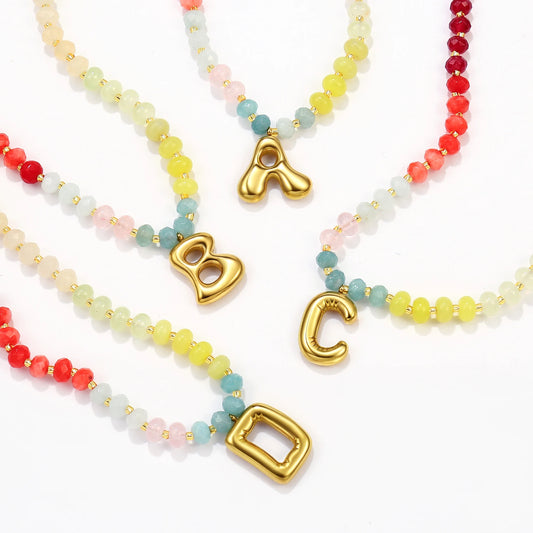 Alphabet Rainbow Colored Natural Stone Pendant Necklace