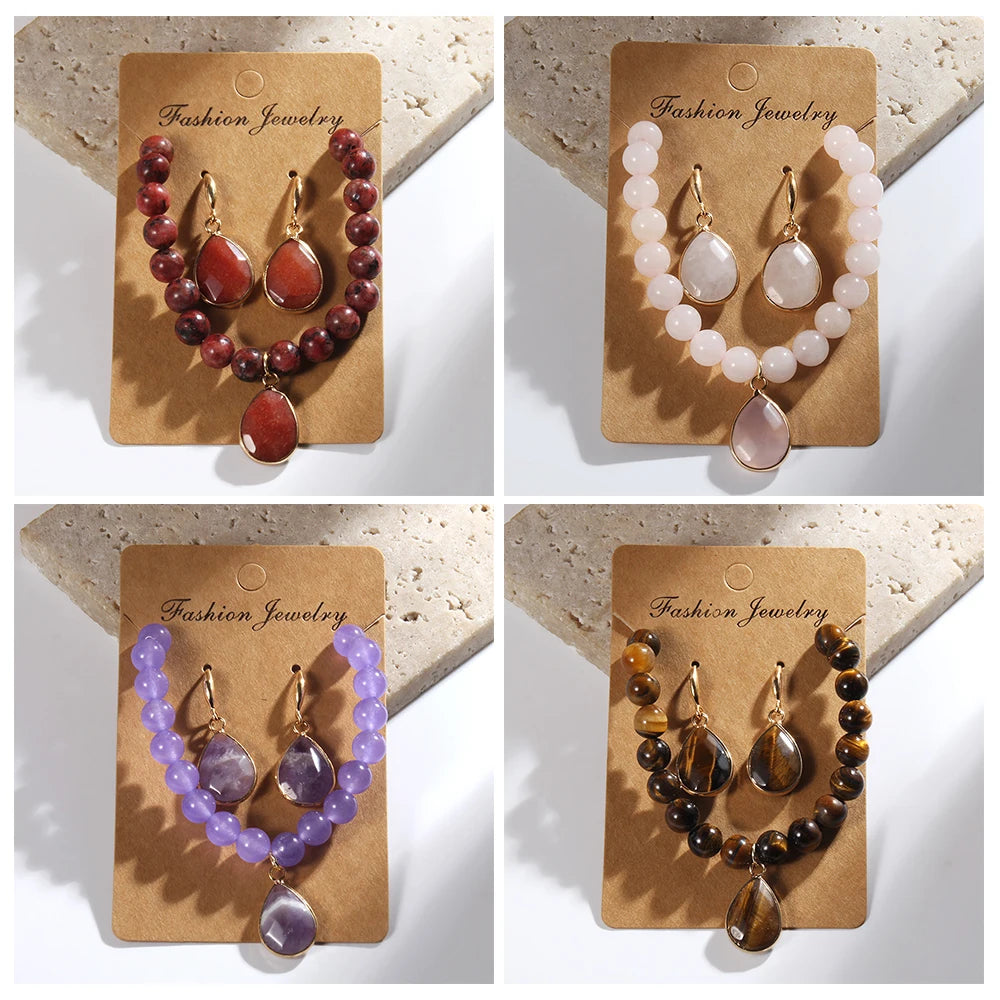 Gorgeous Stone Beaded Bracelet & Stone Drop Charm Earring Sets