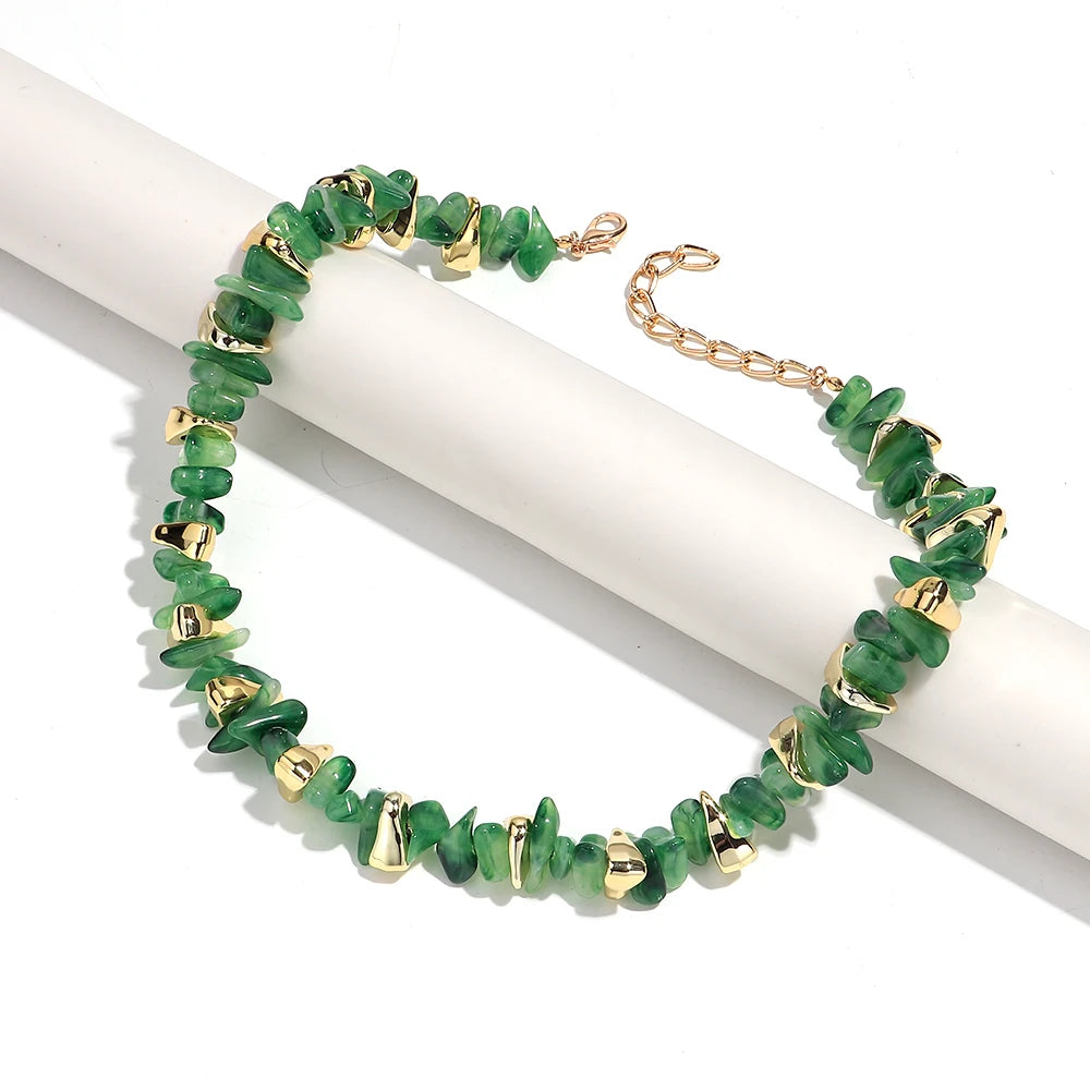 Gold Colorful Chip Stone Beads Necklace Bracelet Sets