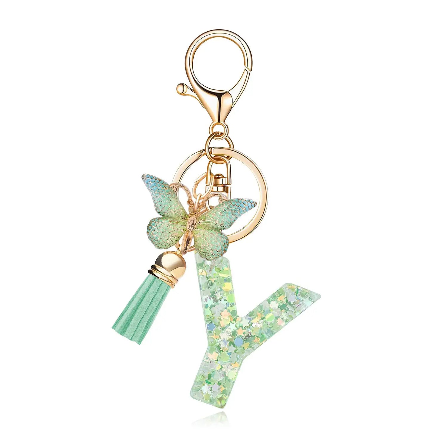 Spring Green Color Glitter Initial Letter Key Chain With Butterfly Tassel Pendant ﻿