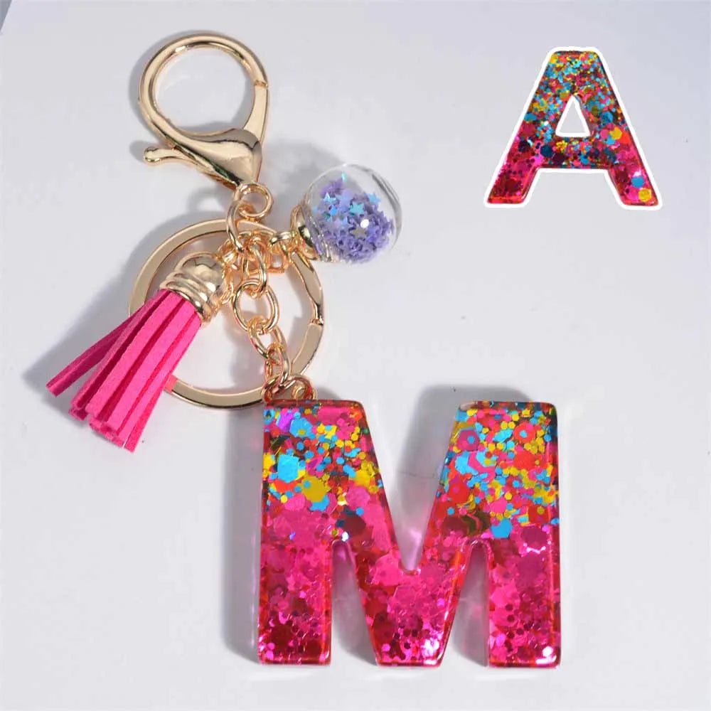 Mystery Star Ball 26 Letters Tassel Fuchsia Keychain