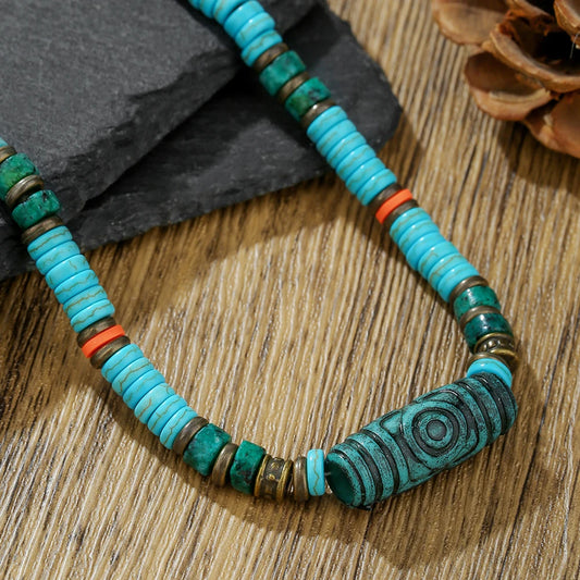 Vintage Cool Resort wind turquoise Mix Pattern Stone Necklace