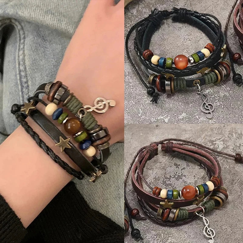 Music Note Charms Metal Star Wood Adjustable Bracelet
