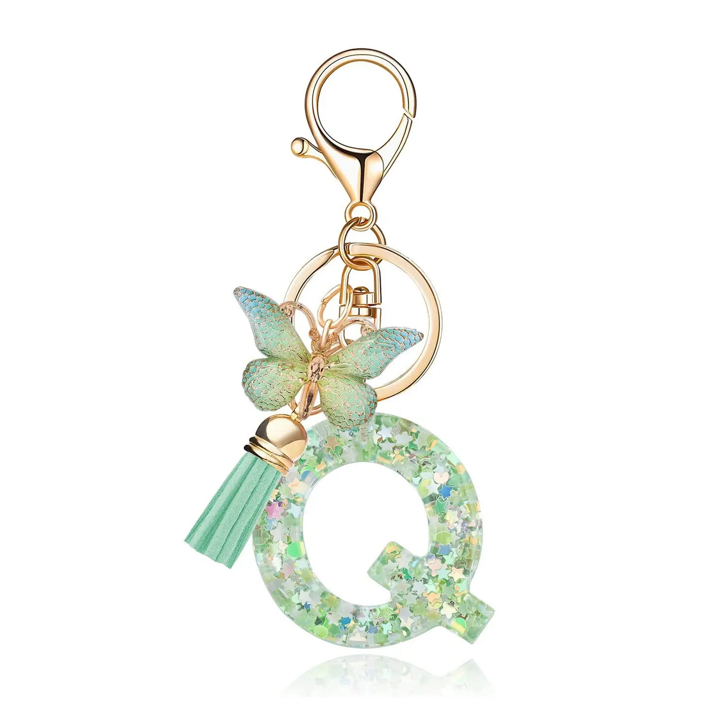Spring Green Color Glitter Initial Letter Key Chain With Butterfly Tassel Pendant ﻿