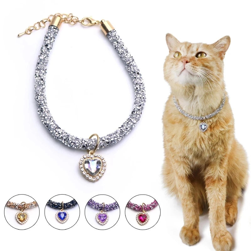 Crystal Cat & Dog Collar Heart Gem Pendant Rhinestone Necklace