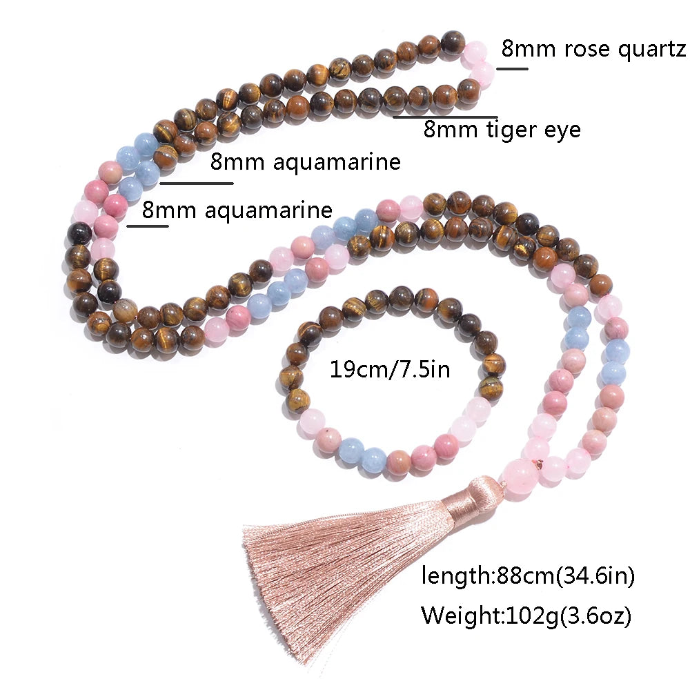 Pink Yellow Tiger Eye Rose Quartz Aquamarine Beads Set