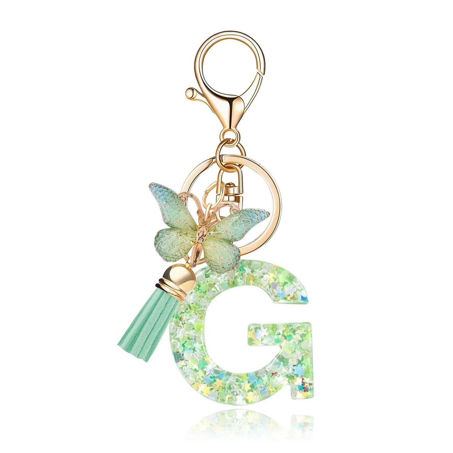 Spring Green Color Glitter Initial Letter Key Chain With Butterfly Tassel Pendant ﻿