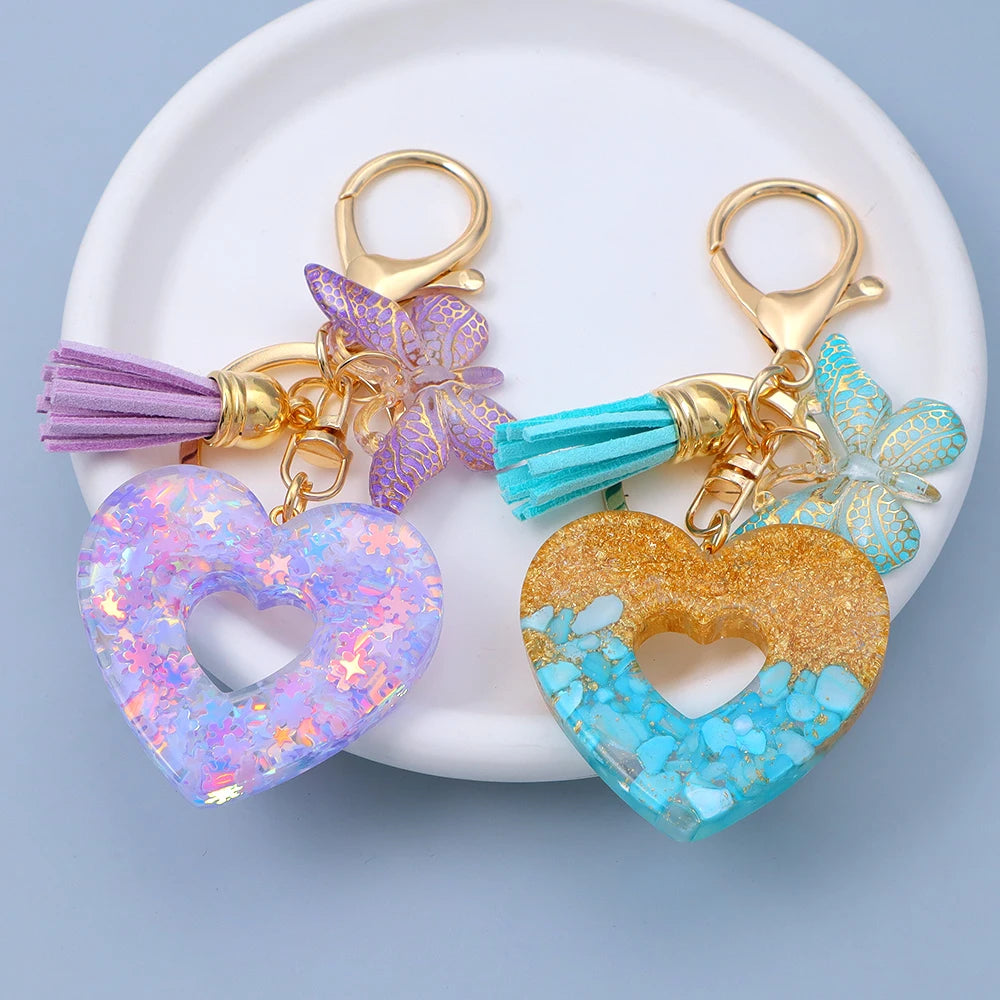Creative Sequin Love Heart Keychain with Cute Butterfly Tassel