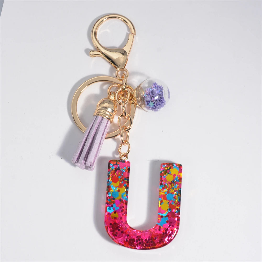 Mystery Star Ball 26 Letters Tassel Fuchsia Keychain