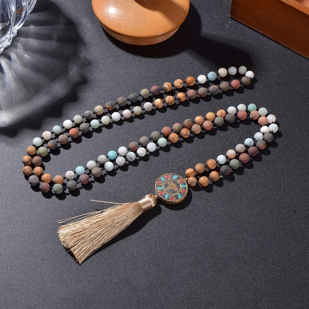 Natural Stone Six Character Pendant Knotted Necklace