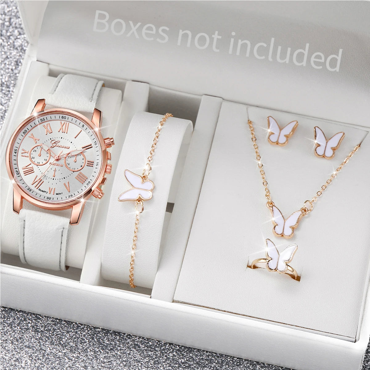 Luxury Leather Band Analog Wrist Watches & Heart Rhinestone Jewelry Set