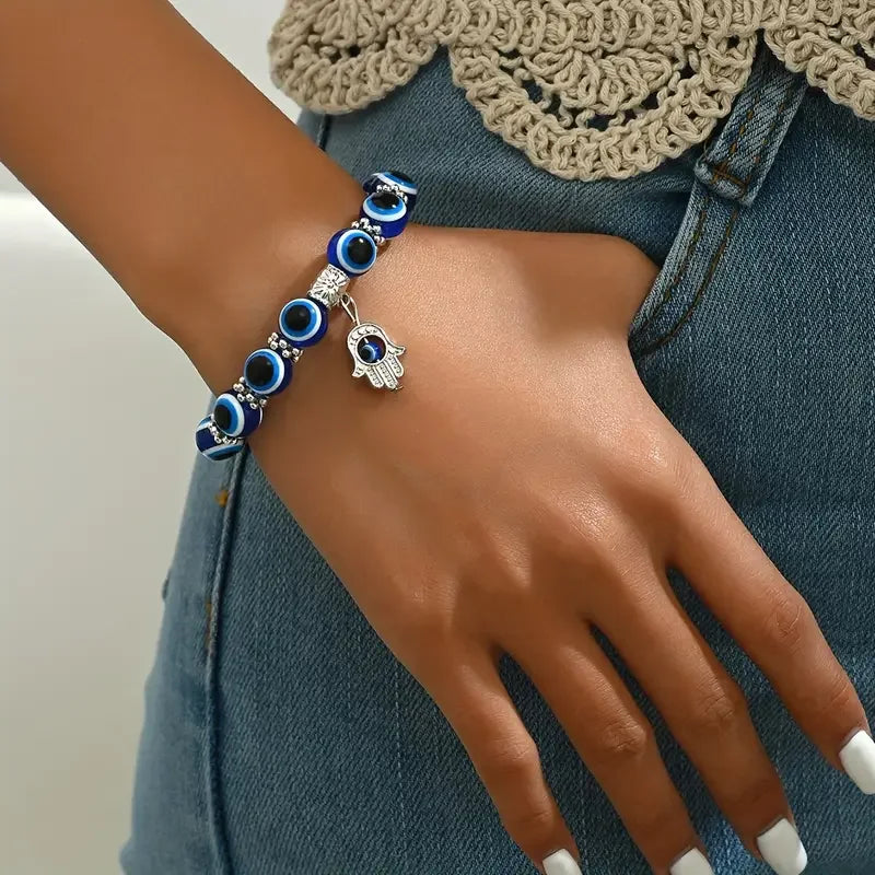 Blue Evil Eye Hand Charm Beaded Bracelet