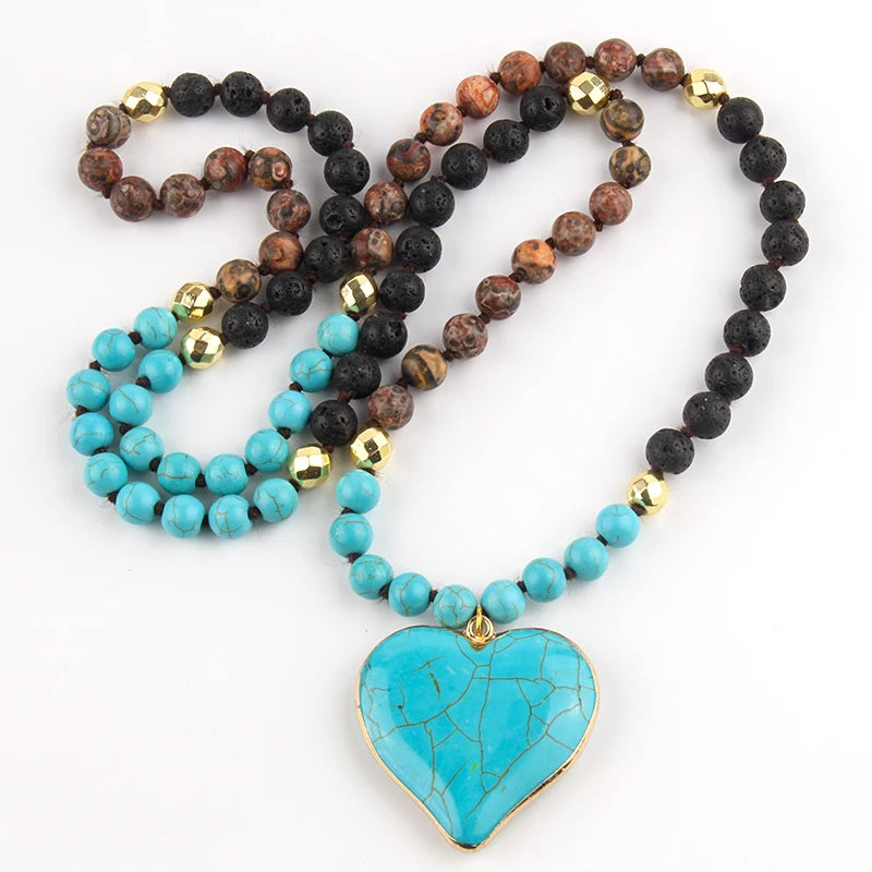 Beautiful Blue Stones Mix Shade Knotted Stone Heart Pendant Necklaces