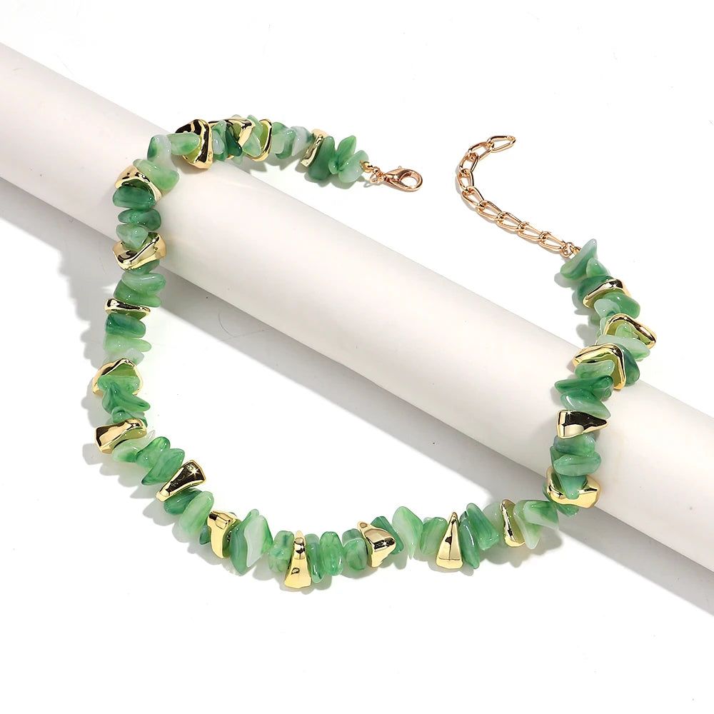 Gold Colorful Chip Stone Beads Necklace Bracelet Sets