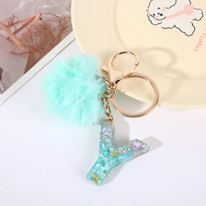Aqua Flow 26 Initials Letter Key Pendant With Green Blue Fluffy Pompom