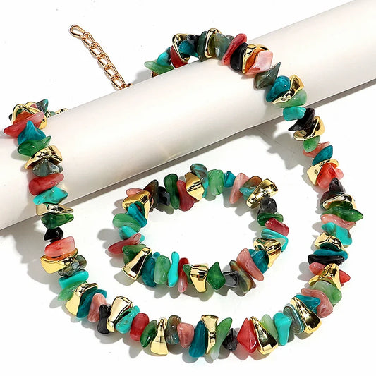 Gold Colorful Chip Stone Beads Necklace Bracelet Sets