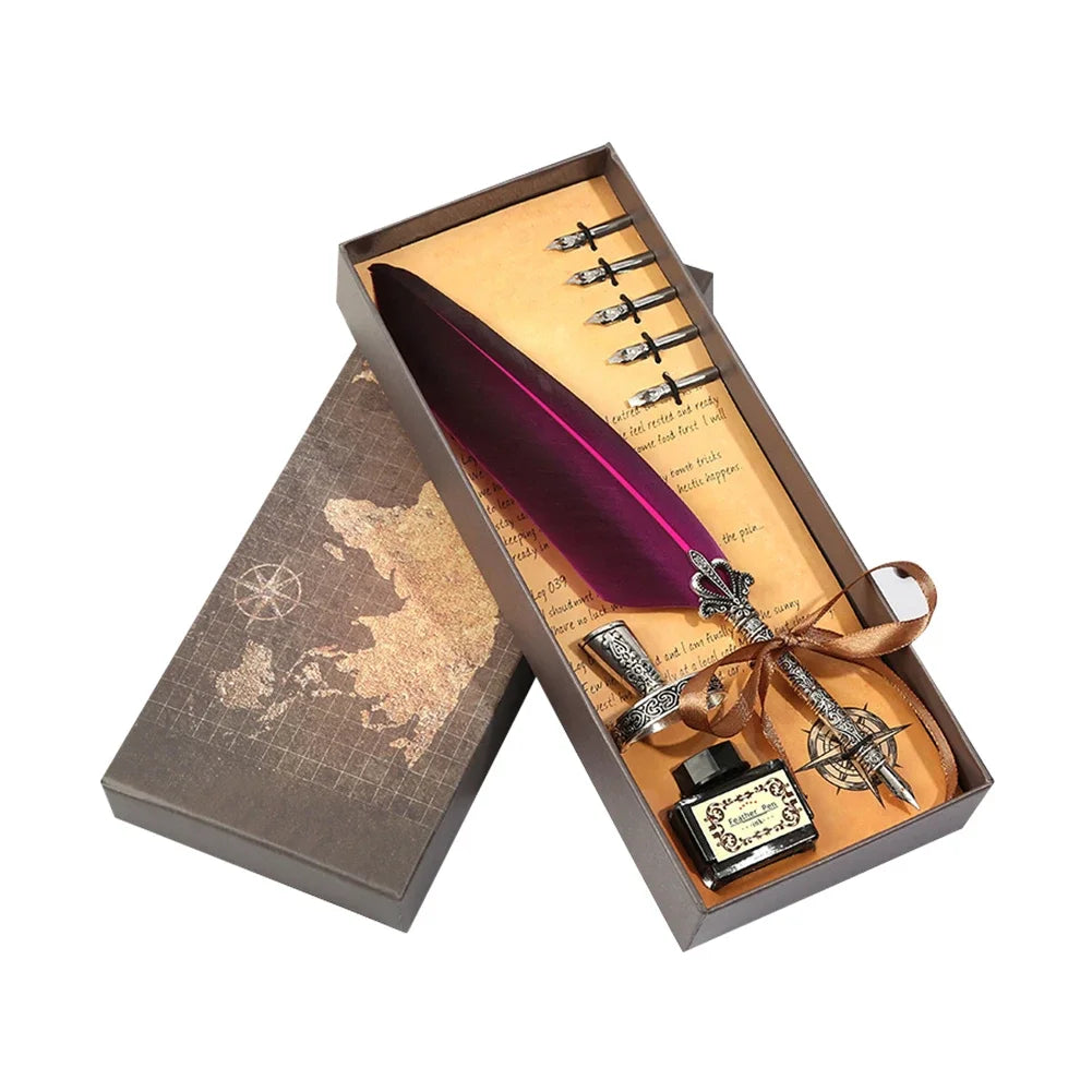 Exquisite Antique Feather Dip Writing Ink Treasure Set