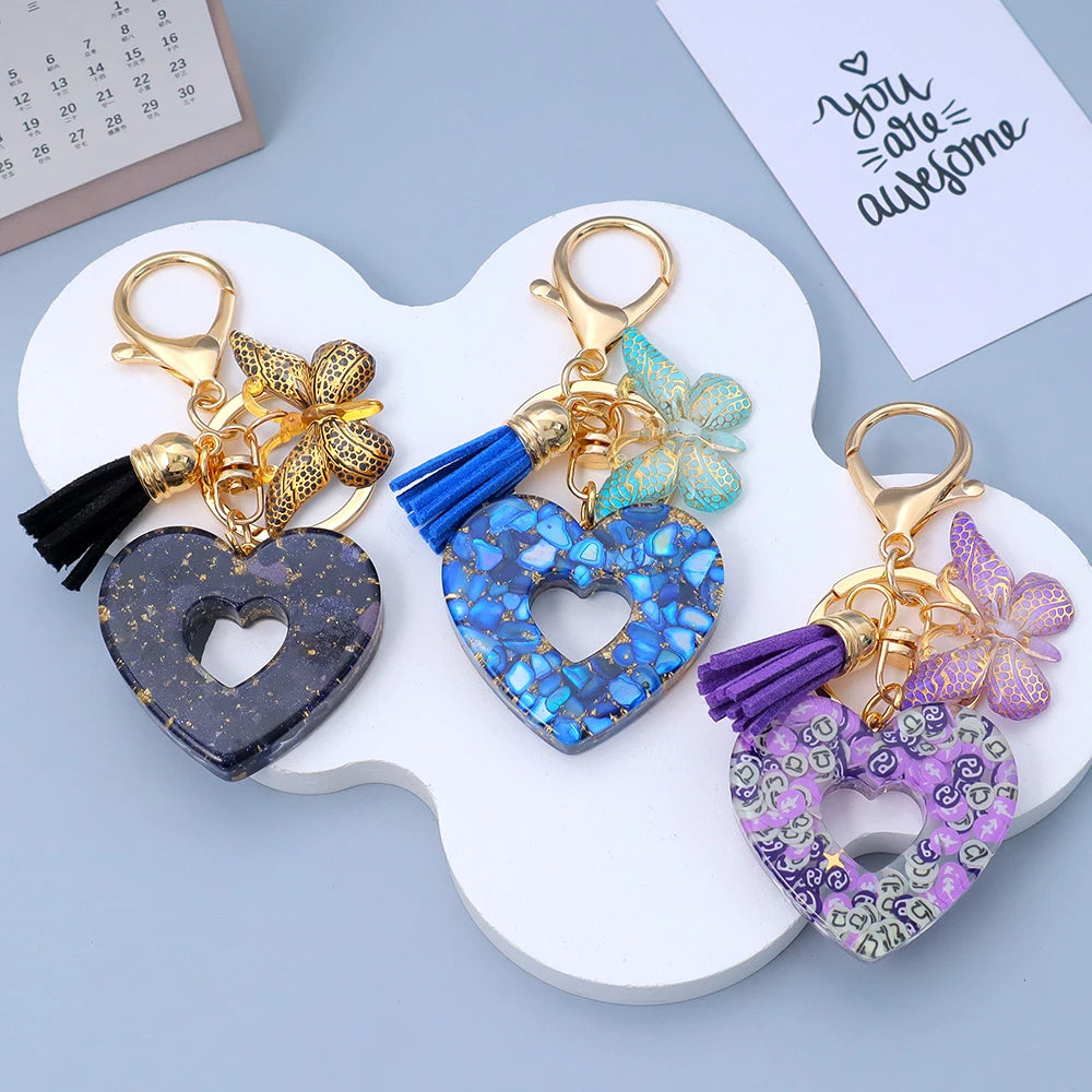 Creative Sequin Love Heart Keychain with Cute Butterfly Tassel