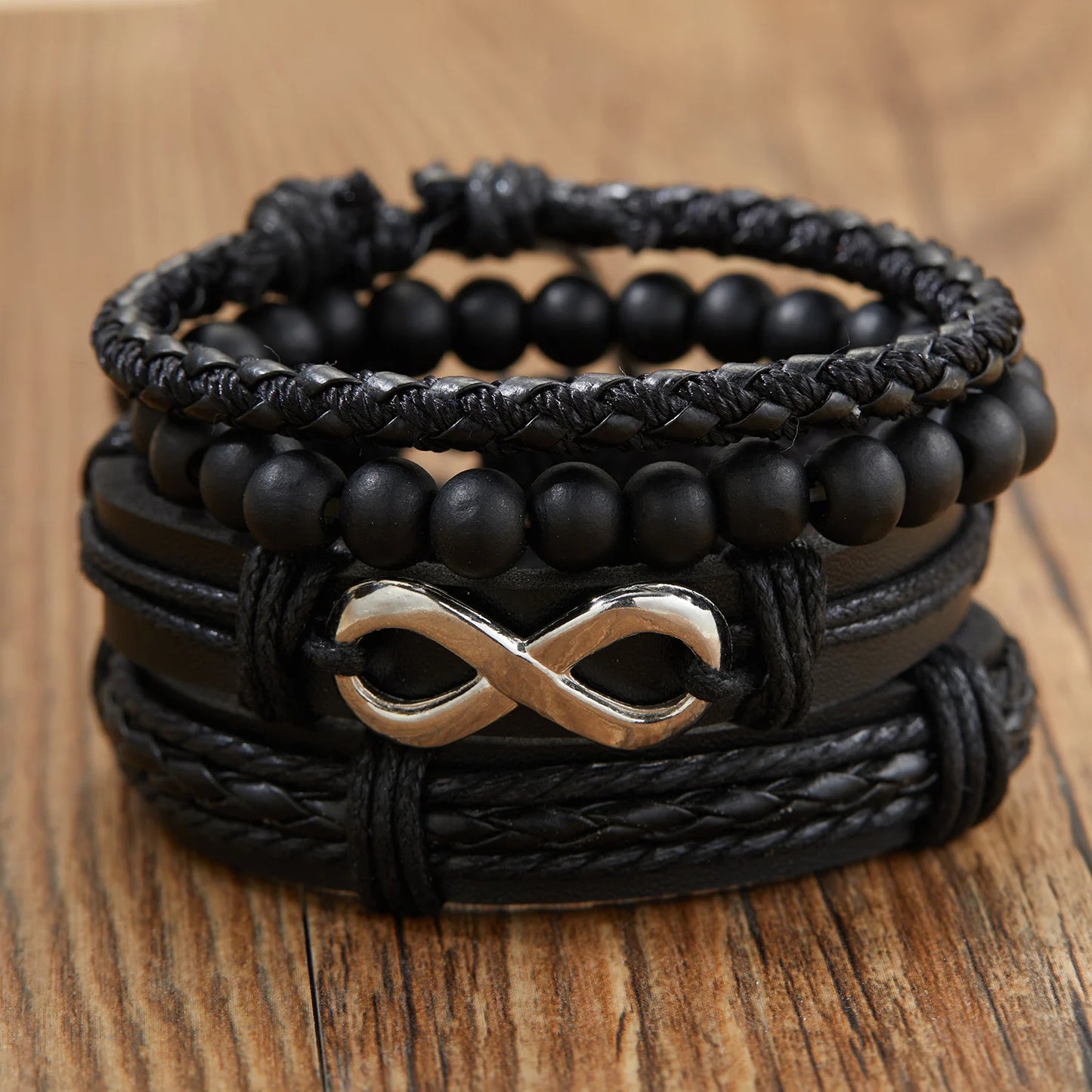 Black Brown & White Braided Leather Wood Bracelet Sets