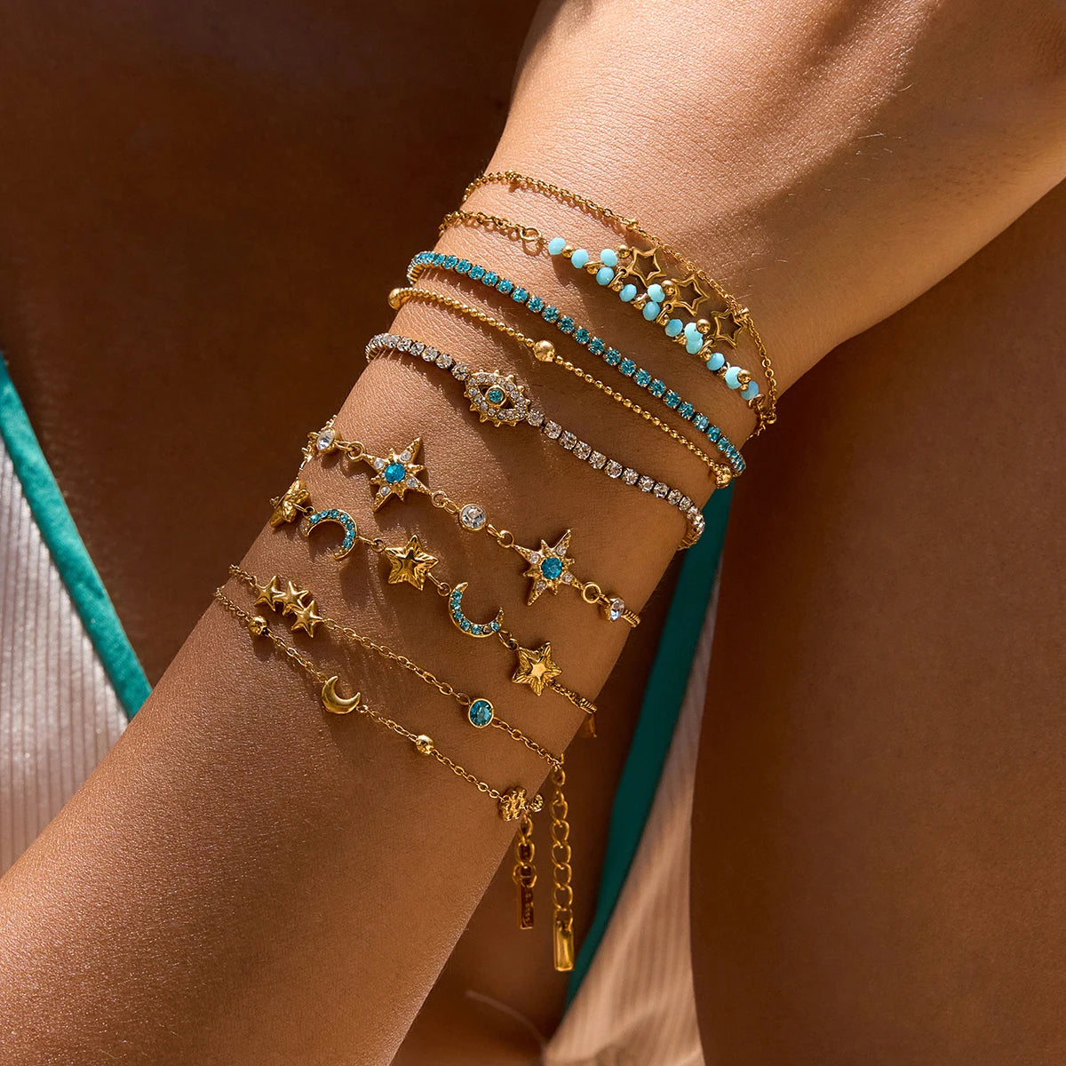 Celestial Star and Moon Double 18K Gold Bracelet