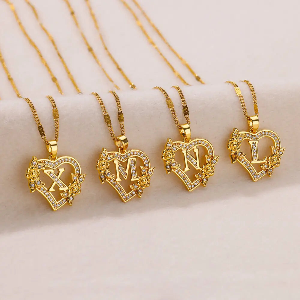 Beautiful Flower Heart Initials Necklaces
