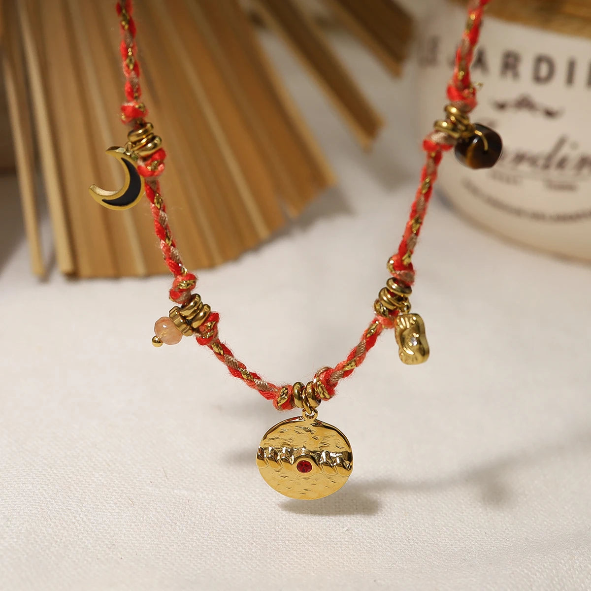 Vintage Healing Charms Boho Orange Pink Blue Rope Necklace & Bracelets