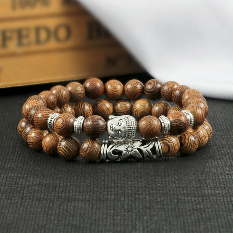Buddha Head Charm Natural Stone 2pcs Bracelet Set