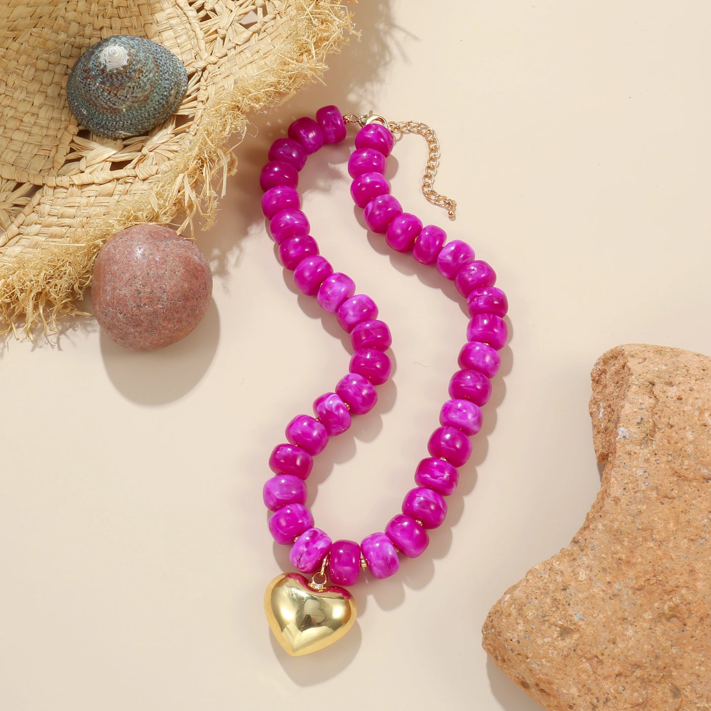 Colorful Crystal Beaded Choker Necklace 14K Gold Plated Heart Pendant