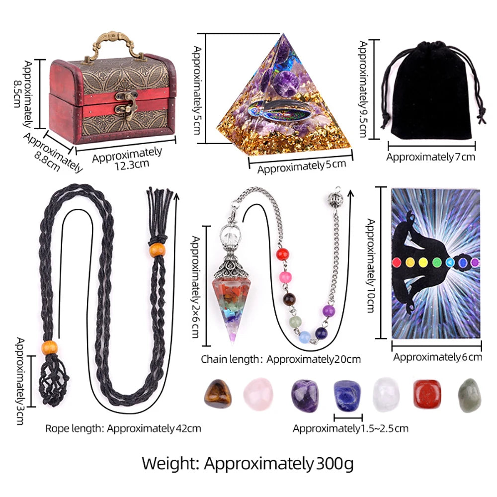 Natural Healing Crystals Kit 7 Chakra Tumbled Stones Resin Pendulum Card Set