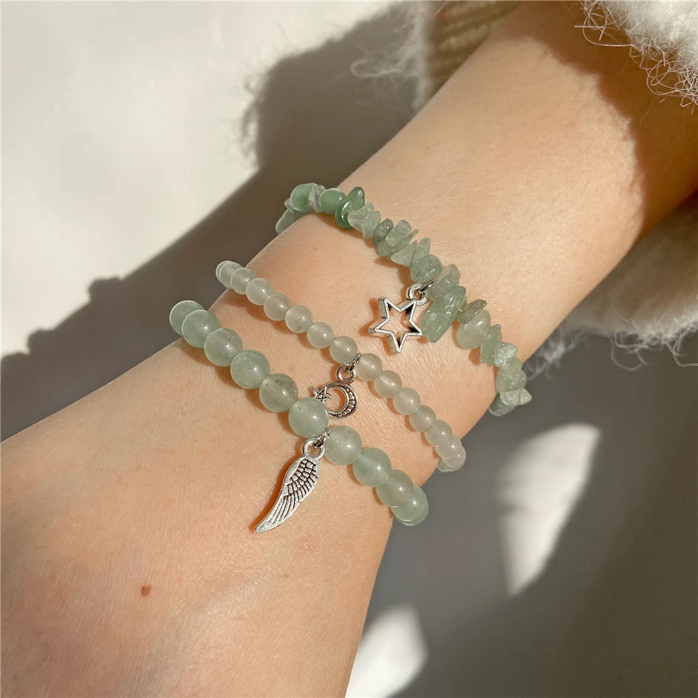 Natural Stone Healing Star Moon Feather Pendant Bracelets Sets