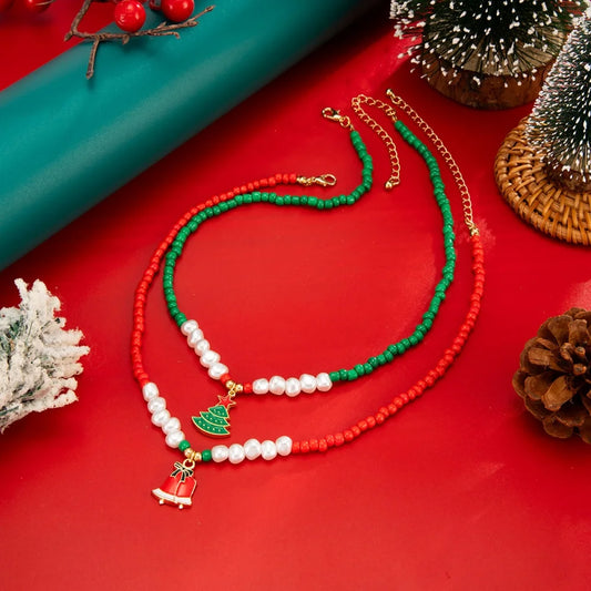 Classic Pearl Christmas Tree Bell Double Layered Pendant Necklace