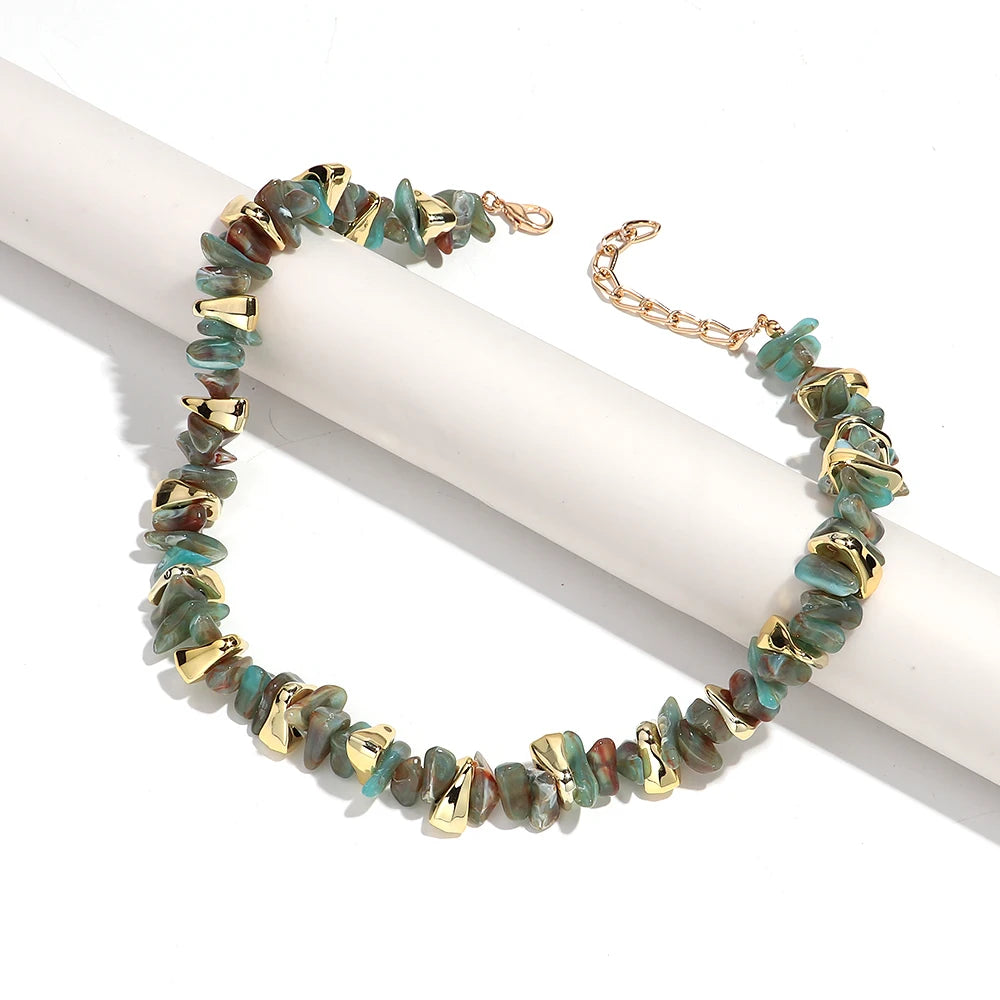 Gold Colorful Chip Stone Beads Necklace Bracelet Sets