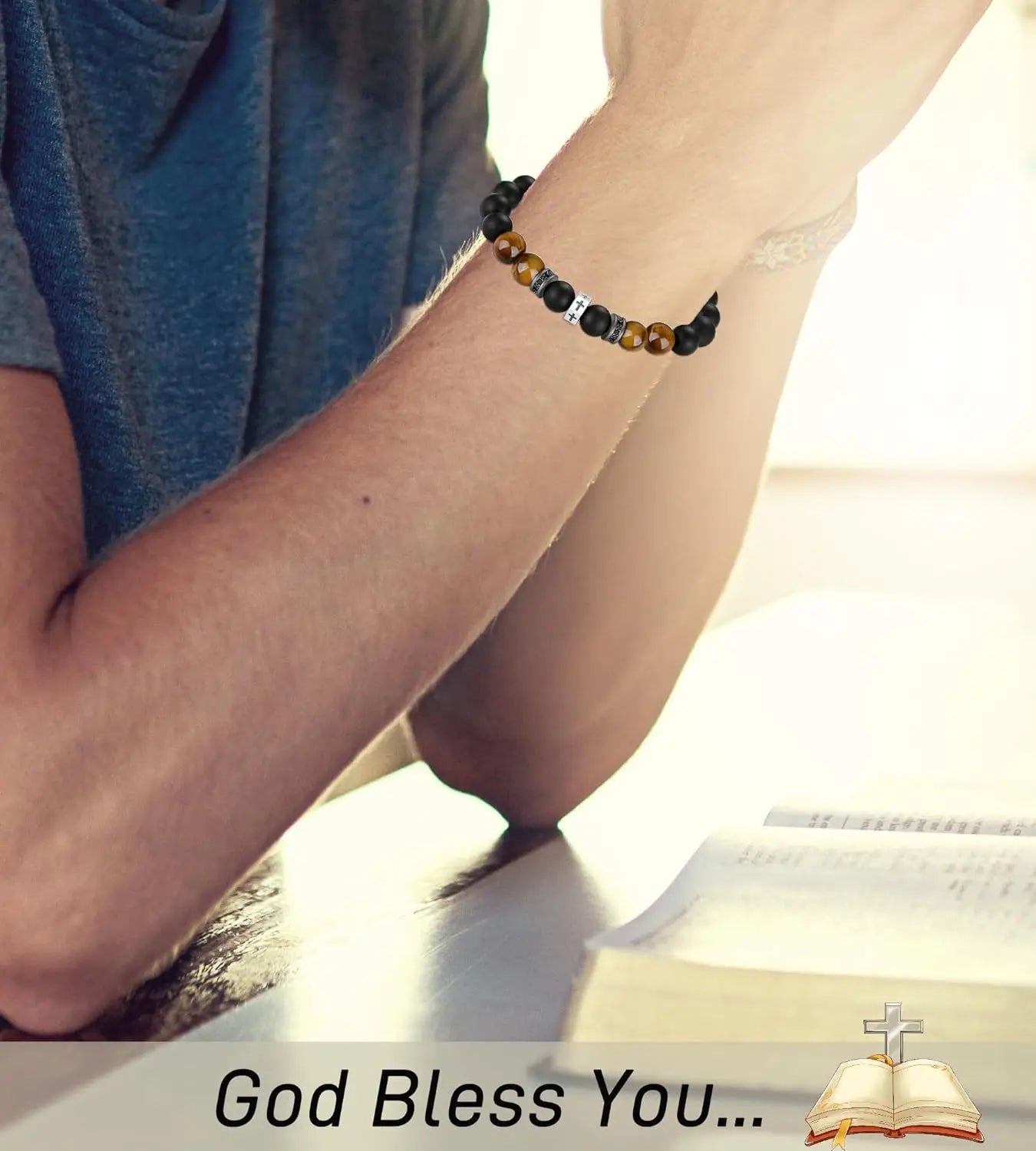 Black Onyx Tiger Eye Divine Protection Cross Bracelet