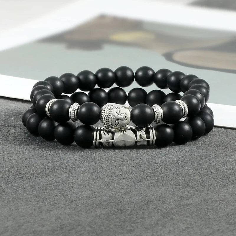 Buddha Head Charm Natural Stone 2pcs Bracelet Set